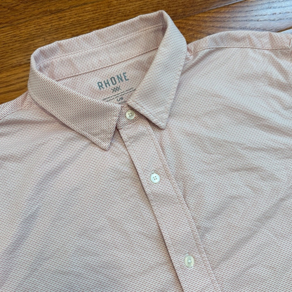 Rhone Commuter Button Down Shirt Mens Large White Red Patterned Stretch Travel